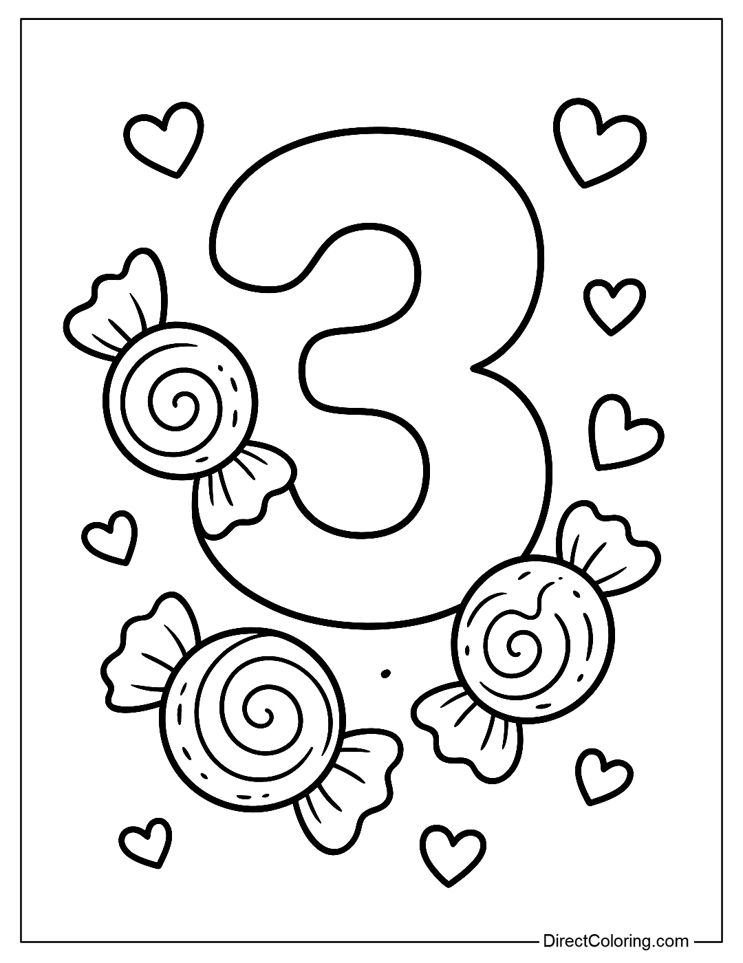 The number 3 coloring page is combined with three sweet candies and a small heart